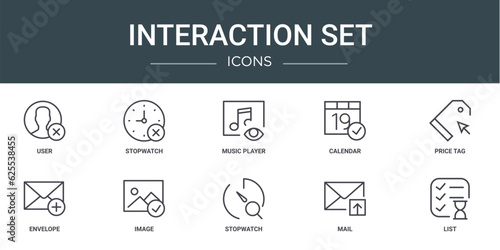 set of 10 outline web interaction set icons such as user, stopwatch, music player, calendar, price tag, envelope, image vector icons for report, presentation, diagram, web design, mobile app © MacroOne