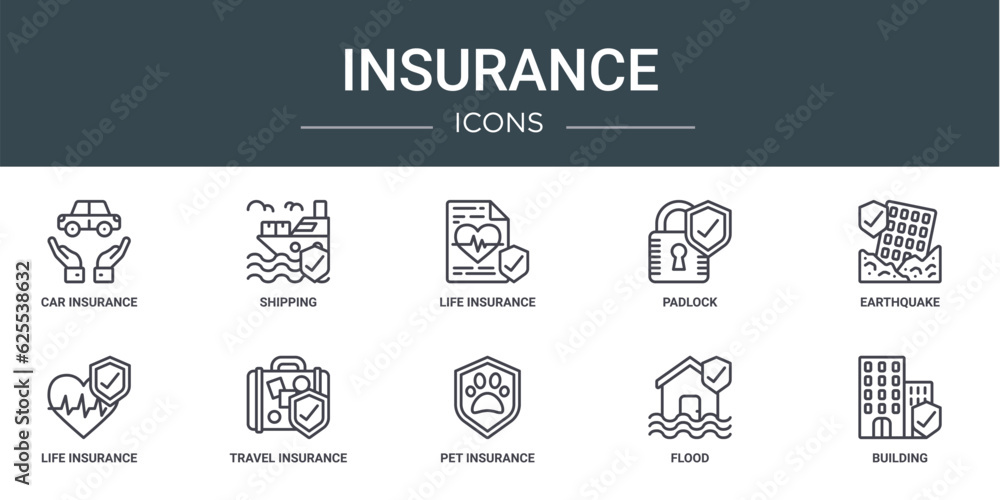 set of 10 outline web insurance icons such as car insurance, shipping, life insurance, padlock, earthquake, life travel vector icons for report, presentation, diagram, web design, mobile app