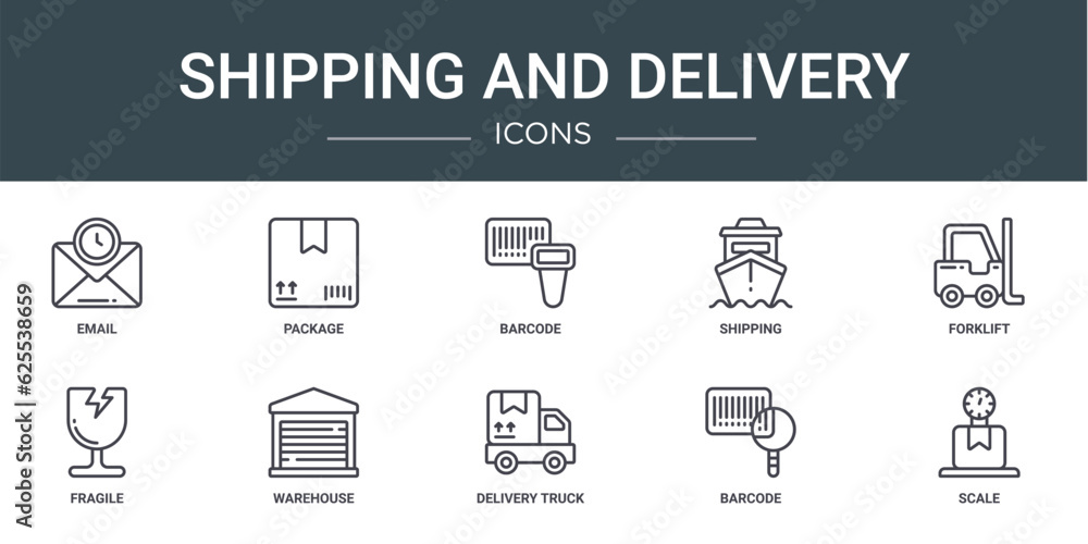 set of 10 outline web shipping and delivery icons such as email, package, barcode, shipping, forklift, fragile, warehouse vector icons for report, presentation, diagram, web design, mobile app