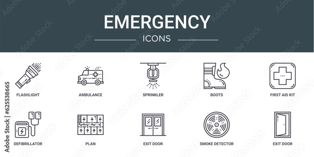 set of 10 outline web emergency icons such as flashlight, ambulance, sprinkler, boots, first aid kit, defibrillator, plan vector icons for report, presentation, diagram, web design, mobile app
