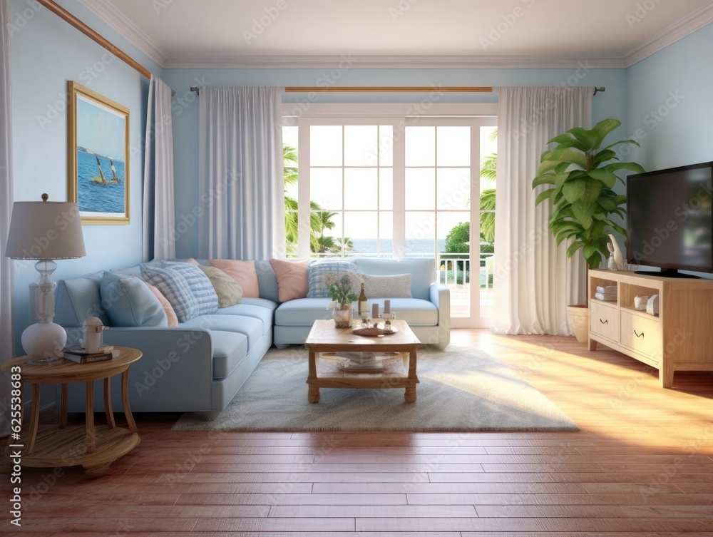 Fototapeta premium Living room coastal style with a TV, a large window to the floor, light blue and white furniture, and wood parquet flooring. Generative AI
