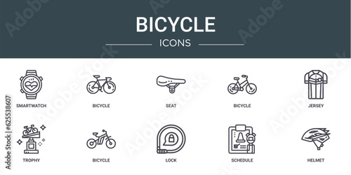 set of 10 outline web bicycle icons such as smartwatch, bicycle, seat, bicycle, jersey, trophy, vector icons for report, presentation, diagram, web design, mobile app