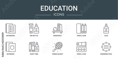 set of 10 outline web education icons such as notebooks, ink bottle, bookshelf, pencil case, glue, notebook, paint tube vector icons for report, presentation, diagram, web design, mobile app