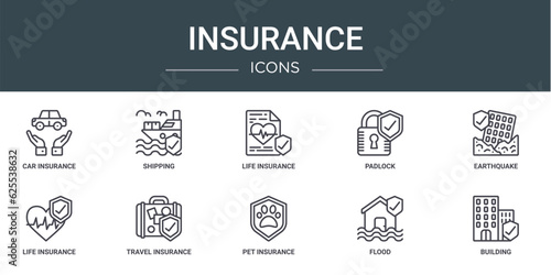set of 10 outline web insurance icons such as car insurance  shipping  life insurance  padlock  earthquake  life travel vector icons for report  presentation  diagram  web design  mobile app