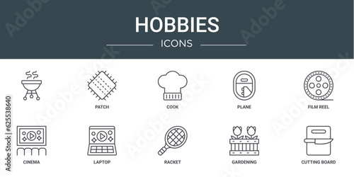 set of 10 outline web hobbies icons such as , patch, cook, plane, film reel, cinema, laptop vector icons for report, presentation, diagram, web design, mobile app