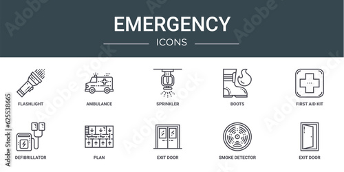 set of 10 outline web emergency icons such as flashlight, ambulance, sprinkler, boots, first aid kit, defibrillator, plan vector icons for report, presentation, diagram, web design, mobile app © MacroOne