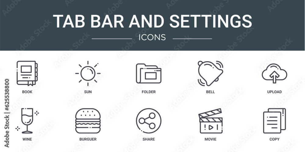 set of 10 outline web tab bar and settings icons such as book, sun, folder, bell, upload, wine, burguer vector icons for report, presentation, diagram, web design, mobile app set of 10 outline web tab bar and settings icons such as book, sun, folder, bell, upload, wine, burguer vector icons for report, presentation, diagram, web design, mobile app