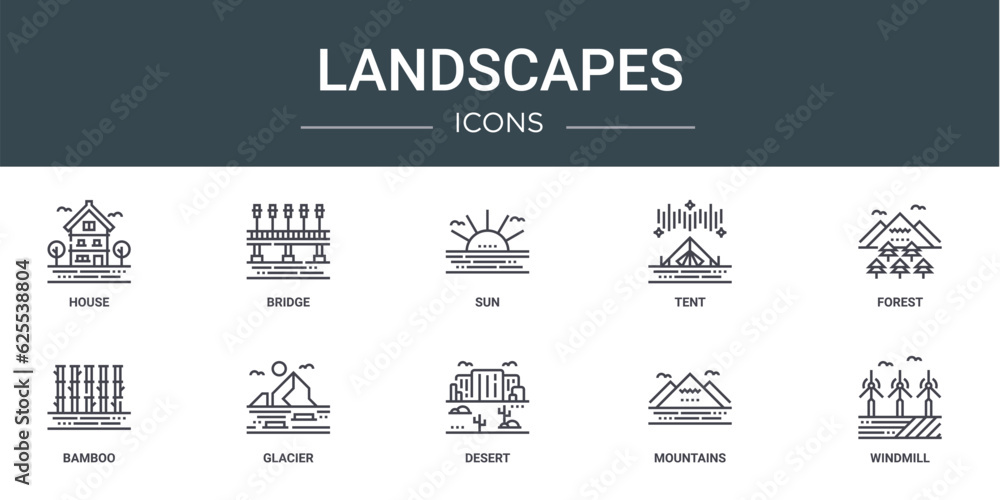 set of 10 outline web landscapes icons such as house, bridge, sun, tent, forest, bamboo, glacier vector icons for report, presentation, diagram, web design, mobile app