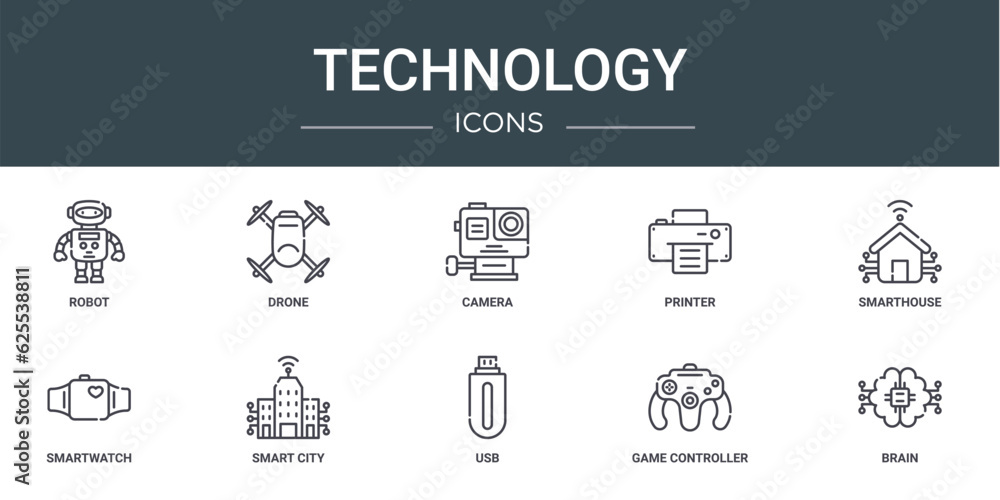 set of 10 outline web technology icons such as robot, drone, camera, printer, smarthouse, smartwatch, smart city vector icons for report, presentation, diagram, web design, mobile app