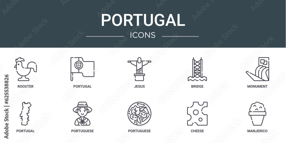 set of 10 outline web portugal icons such as rooster, portugal, jesus, bridge, monument, portugal, portuguese vector icons for report, presentation, diagram, web design, mobile app