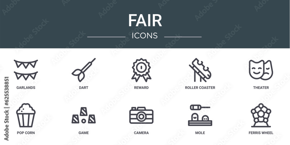 set of 10 outline web fair icons such as garlands, dart, reward, roller coaster, theater, pop corn, game vector icons for report, presentation, diagram, web design, mobile app