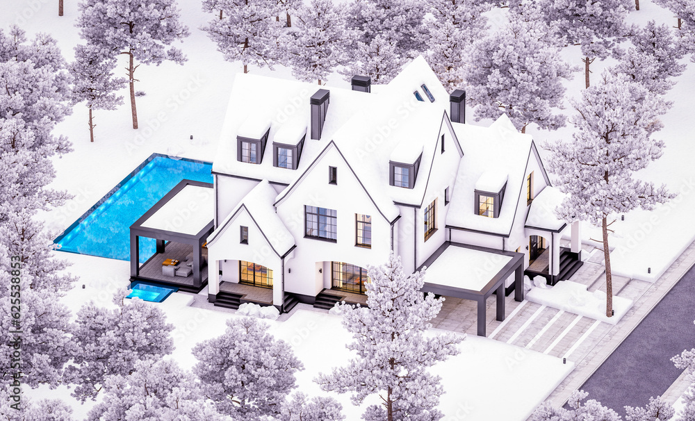 Fototapeta premium 3d rendering of cute cozy white and black modern Tudor style house with parking and pool for sale or rent with beautiful landscaping. Cool winter evening with cozy light from windows