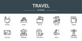 set of 10 outline web travel icons such as coconut, cruise, wallet, take off, journal, postcard, backpack vector icons for report, presentation, diagram, web design, mobile app