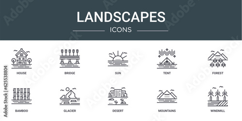 set of 10 outline web landscapes icons such as house, bridge, sun, tent, forest, bamboo, glacier vector icons for report, presentation, diagram, web design, mobile app © MacroOne