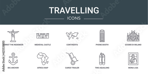set of 10 outline web travelling icons such as christ the redemeer, medieval castle, continents, phone booth, duomo di milano, big anchor, africa map vector icons for report, presentation, diagram,