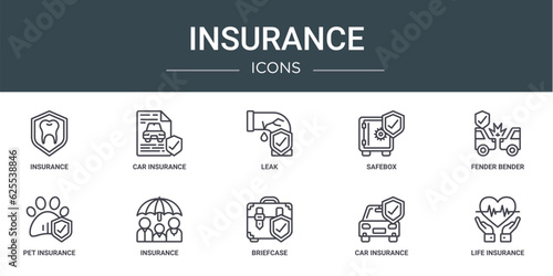 set of 10 outline web insurance icons such as insurance  car insurance  leak  safebox  fender bender  pet vector icons for report  presentation  diagram  web design  mobile app