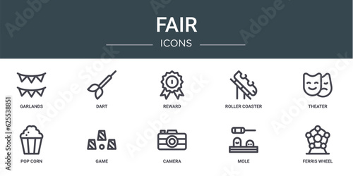 set of 10 outline web fair icons such as garlands, dart, reward, roller coaster, theater, pop corn, game vector icons for report, presentation, diagram, web design, mobile app