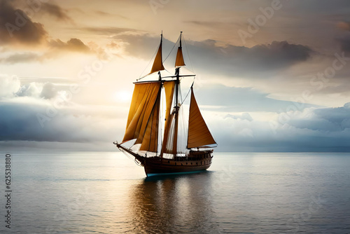 old styled wooden sailing ship in the sea cruising over beautiful sunset sky with clouds created with generative ai technology