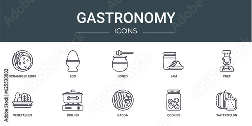 set of 10 outline web gastronomy icons such as scrambled eggs, egg, honey, jam, chef, vegetables, boiling vector icons for report, presentation, diagram, web design, mobile app