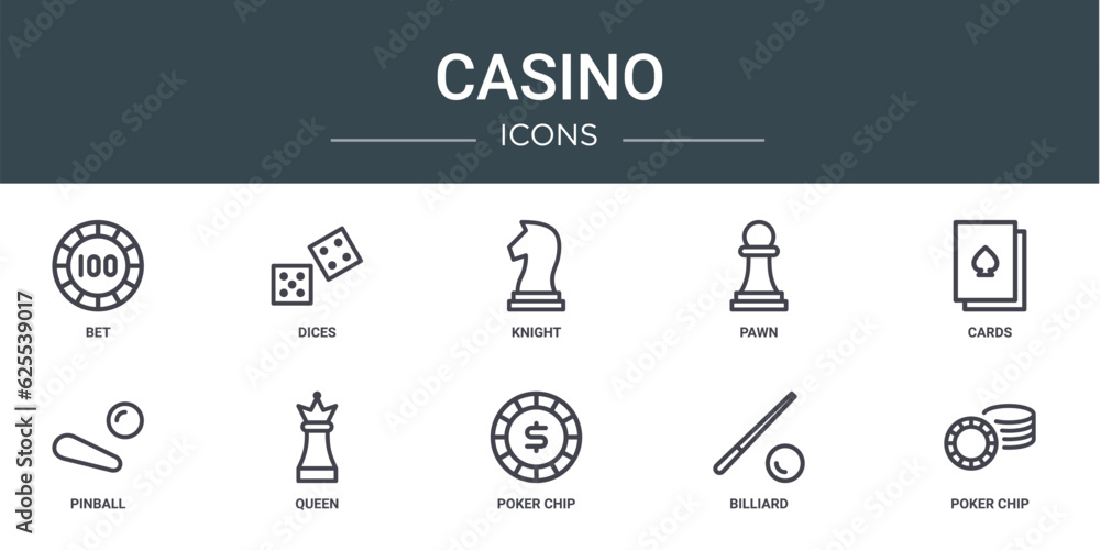 set of 10 outline web casino icons such as bet, dices, knight, pawn, cards, pinball, queen vector icons for report, presentation, diagram, web design, mobile app set of 10 outline web casino icons such as bet, dices, knight, pawn, cards, pinball, queen vector icons for report, presentation, diagram, web design, mobile app