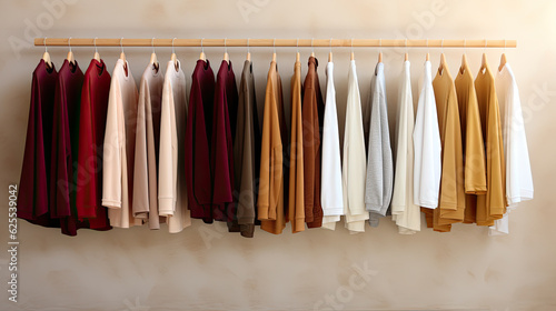plain t-shirts of different colors hang on a hanger, store interior blur.