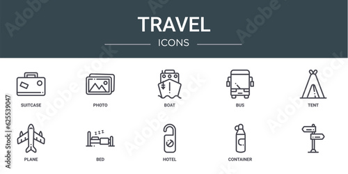 set of 10 outline web travel icons such as suitcase, photo, boat, bus, tent, plane, bed vector icons for report, presentation, diagram, web design, mobile app