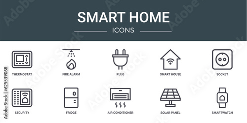 set of 10 outline web smart home icons such as thermostat, fire alarm, plug, smart house, socket, security, fridge vector icons for report, presentation, diagram, web design, mobile app
