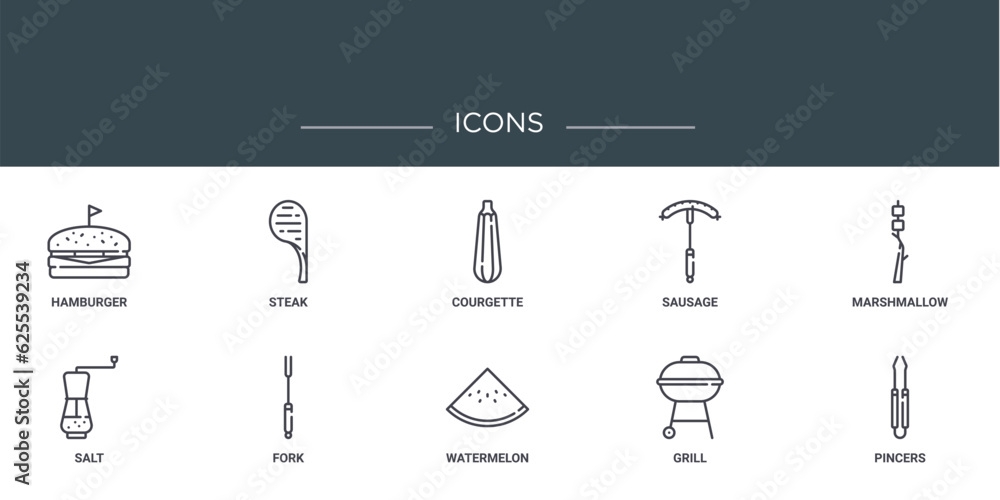 set of 10 outline web icons such as hamburger, steak, courgette, sausage, marshmallow, salt, fork vector icons for report, presentation, diagram, web design, mobile app set of 10 outline web icons such as hamburger, steak, courgette, sausage, marshmallow, salt, fork vector icons for report, presentation, diagram, web design, mobile app