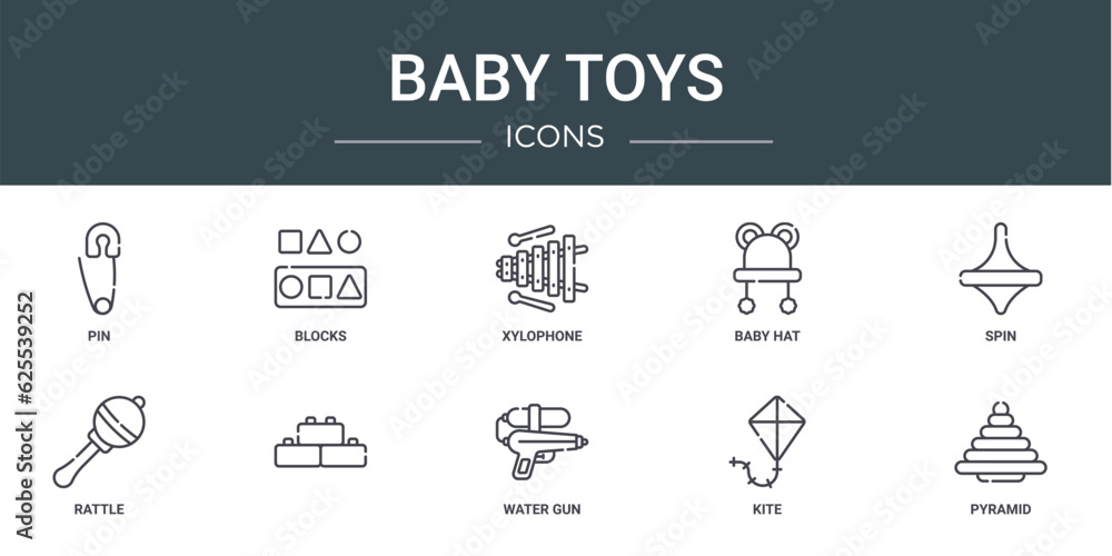 set of 10 outline web baby toys icons such as pin, blocks, xylophone, baby hat, spin, rattle, vector icons for report, presentation, diagram, web design, mobile app