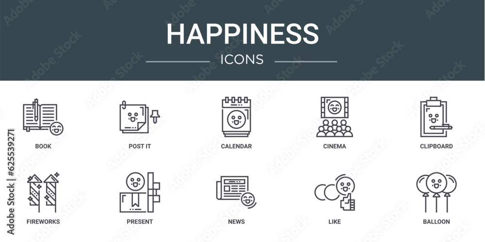 set of 10 outline web happiness icons such as book, post it, calendar, cinema, clipboard, fireworks, present vector icons for report, presentation, diagram, web design, mobile app