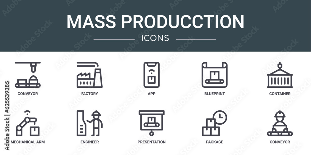 set of 10 outline web mass producction icons such as conveyor, factory, app, blueprint, container, mechanical arm, engineer vector icons for report, presentation, diagram, web design, mobile app