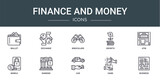 set of 10 outline web finance and money icons such as wallet, exchange, binoculars, growth, atm, mobile, banking vector icons for report, presentation, diagram, web design, mobile app
