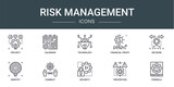 set of 10 outline web risk management icons such as project, calendar, technology, financial profit, decision, identify, connect vector icons for report, presentation, diagram, web design, mobile