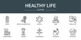 set of 10 outline web healthy life icons such as water, sports and competition, hospital, smile, medical app, aromatherapy, uniform vector icons for report, presentation, diagram, web design, mobile
