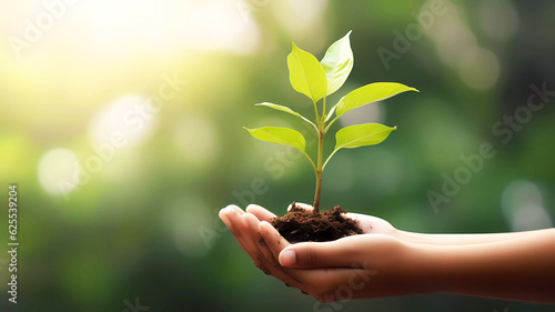 Hand holding young plant. Sunlight on green background. Generative ai design.