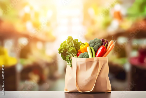 Shopping bag filled with vegetables and blurred supermarket background. Generative ai design.