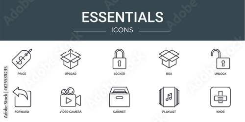 set of 10 outline web essentials icons such as price, upload, locked, box, unlock, forward, video camera vector icons for report, presentation, diagram, web design, mobile app