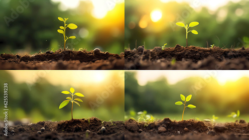 Young tree growing in garden with sunrise. Generative ai design.