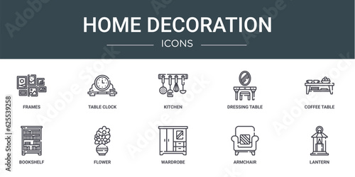 set of 10 outline web home decoration icons such as frames, table clock, kitchen, dressing table, coffee table, bookshelf, flower vector icons for report, presentation, diagram, web design, mobile