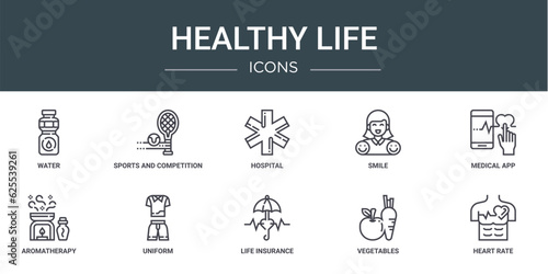 set of 10 outline web healthy life icons such as water, sports and competition, hospital, smile, medical app, aromatherapy, uniform vector icons for report, presentation, diagram, web design, mobile