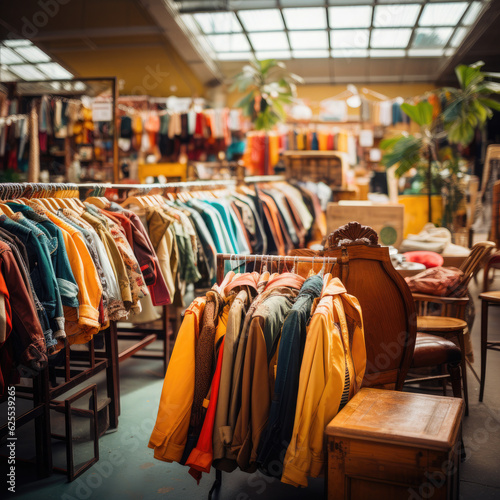 plain t-shirts of different colors hang on a hanger, store interior blur. © Татьяна Креминская