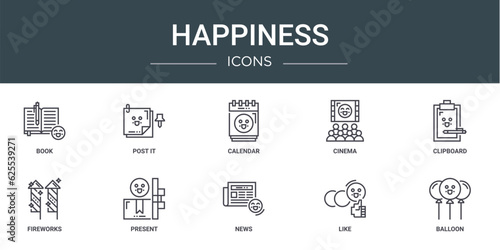 set of 10 outline web happiness icons such as book, post it, calendar, cinema, clipboard, fireworks, present vector icons for report, presentation, diagram, web design, mobile app