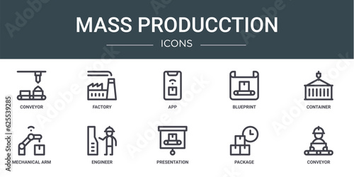 set of 10 outline web mass producction icons such as conveyor, factory, app, blueprint, container, mechanical arm, engineer vector icons for report, presentation, diagram, web design, mobile app photo