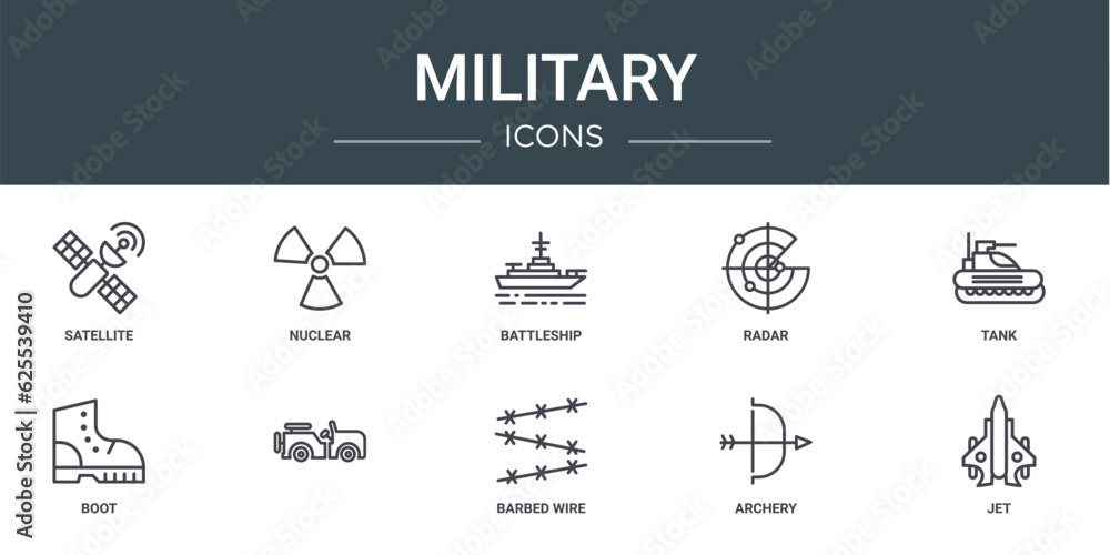 set of 10 outline web military icons such as satellite, nuclear, battleship, radar, tank, boot, vector icons for report, presentation, diagram, web design, mobile app