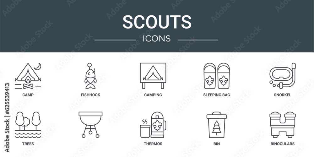 set of 10 outline web scouts icons such as camp, fishhook, camping, sleeping bag, snorkel, trees, vector icons for report, presentation, diagram, web design, mobile app