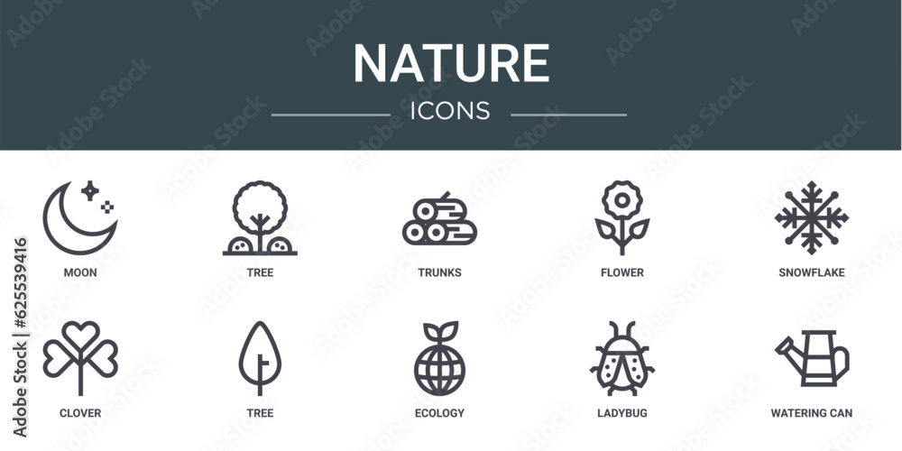 set of 10 outline web nature icons such as moon, tree, trunks, flower, snowflake, clover, tree vector icons for report, presentation, diagram, web design, mobile app
