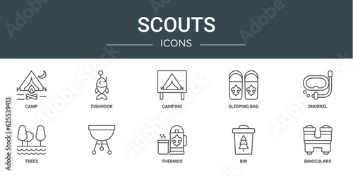 set of 10 outline web scouts icons such as camp, fishhook, camping, sleeping bag, snorkel, trees, vector icons for report, presentation, diagram, web design, mobile app