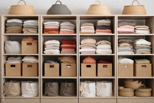 A display showcasing Marie Kondos storage boxes, containers, and baskets in various sizes and shapes designed for organizing wardrobes. These boxes are part of the KonMari method and are intended for photo