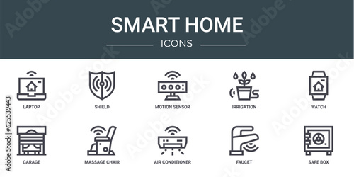 set of 10 outline web smart home icons such as laptop, shield, motion sensor, irrigation, watch, garage, massage chair vector icons for report, presentation, diagram, web design, mobile app