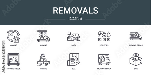 set of 10 outline web removals icons such as moving, moving, sofa, utilities, moving truck, truck, vector icons for report, presentation, diagram, web design, mobile app